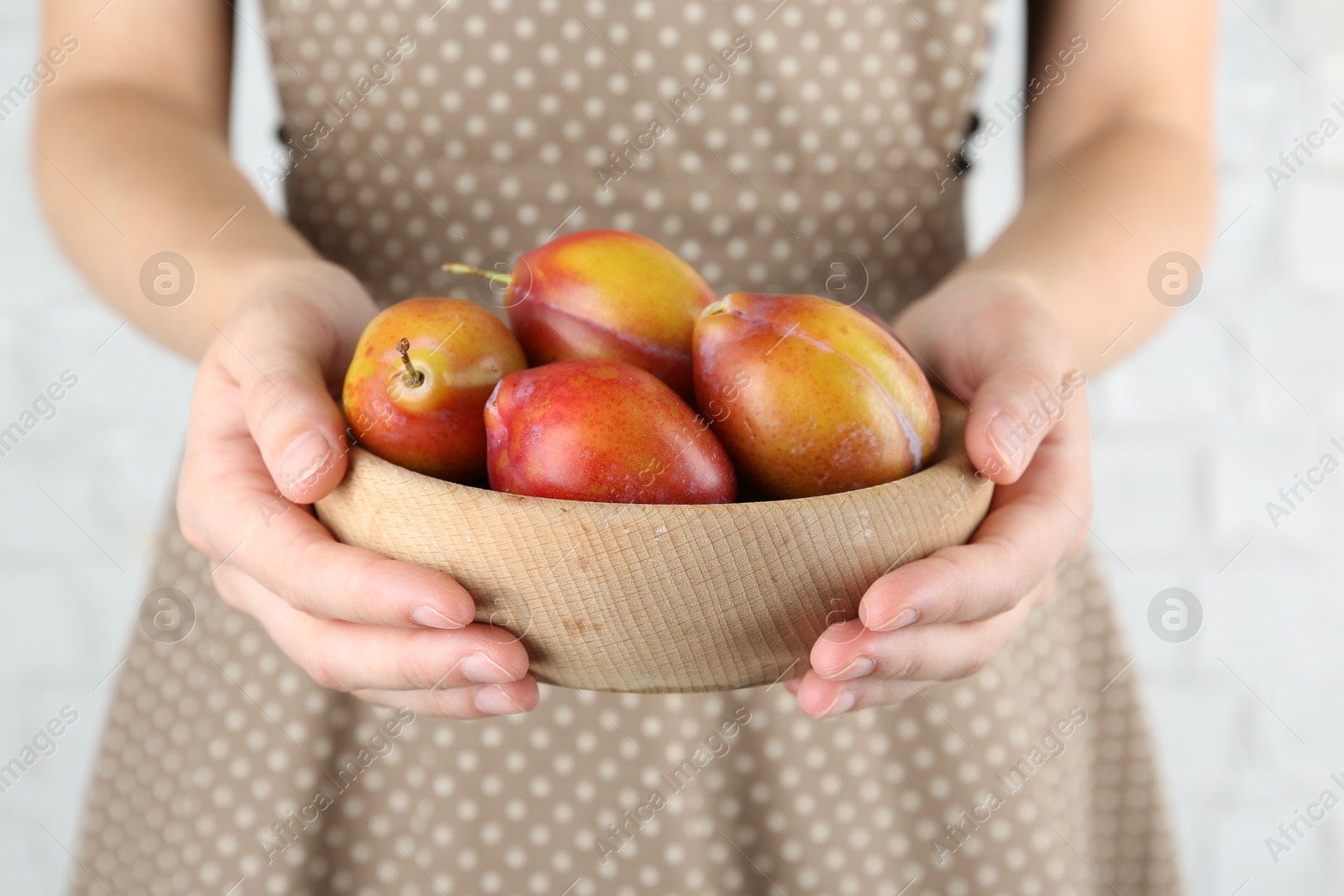 Photo of Woman holding bowl of ripe plums against white background, closeup