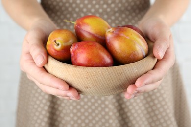 Photo of Woman holding bowl of ripe plums against white background, closeup