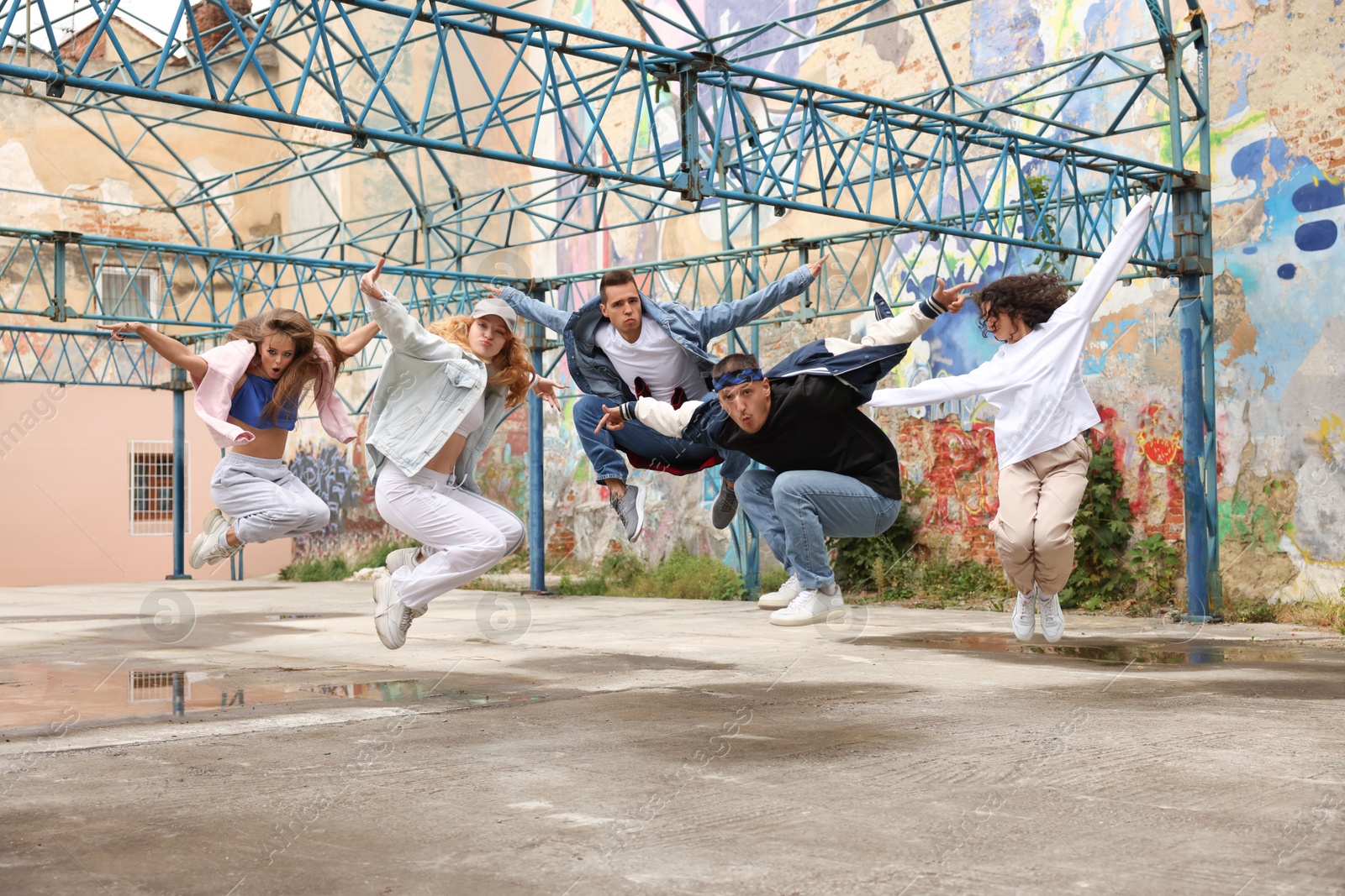 Image of Group of people dancing hip hop outdoors