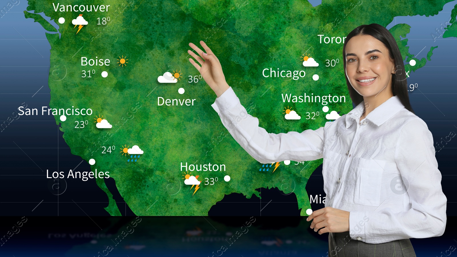 Image of Weather broadcaster presenting forecast against map of USA