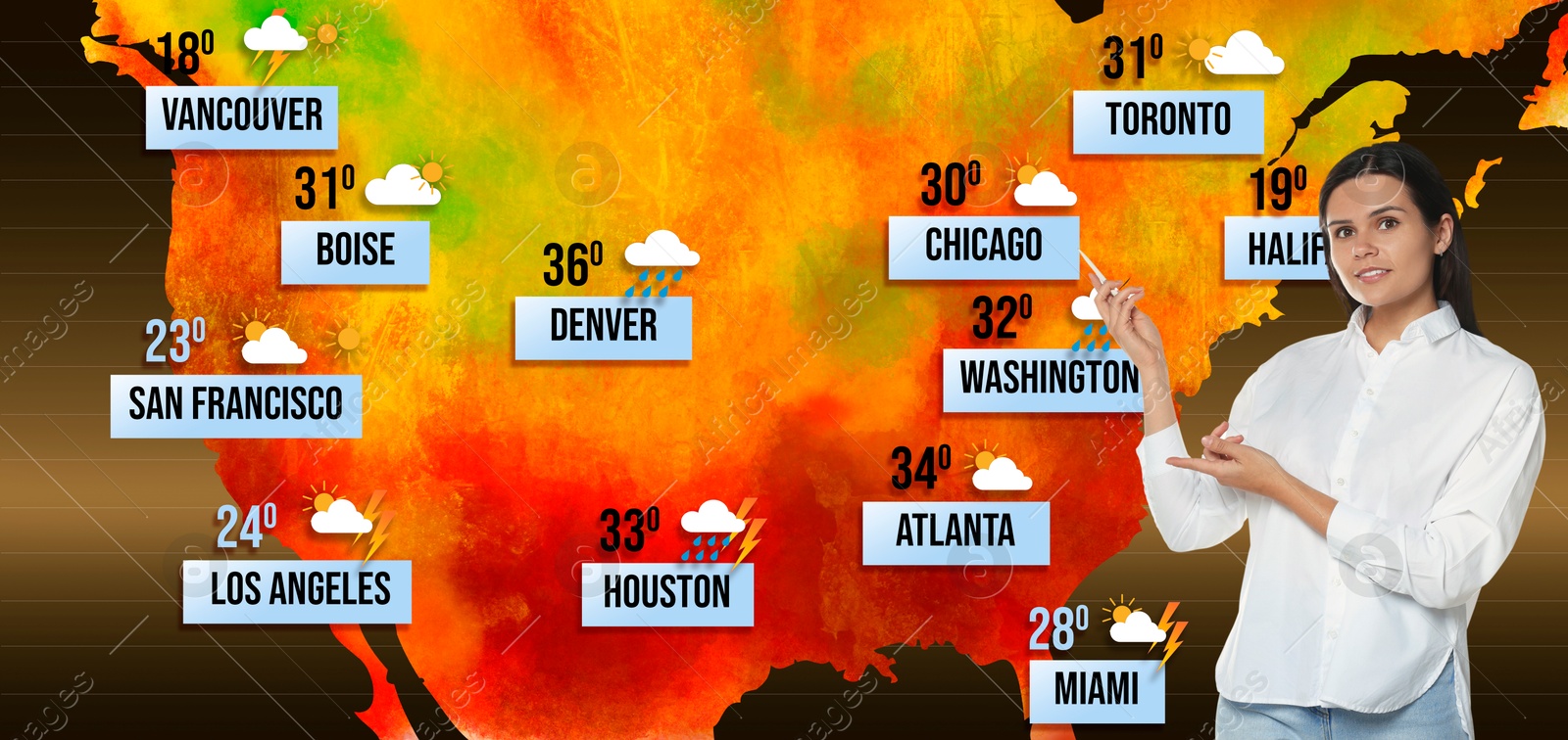 Image of Weather broadcaster presenting forecast against map of USA