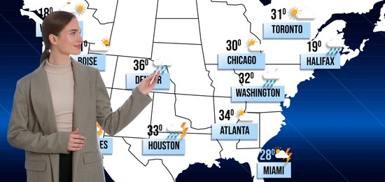 Weather broadcaster presenting forecast against map of USA