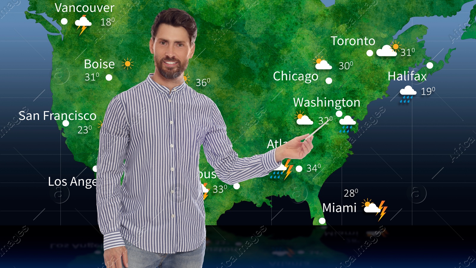 Image of Weather broadcaster presenting forecast against map of USA