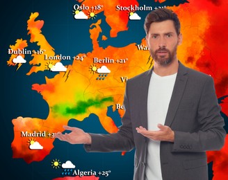 Image of Weather broadcaster presenting forecast against map of Europe