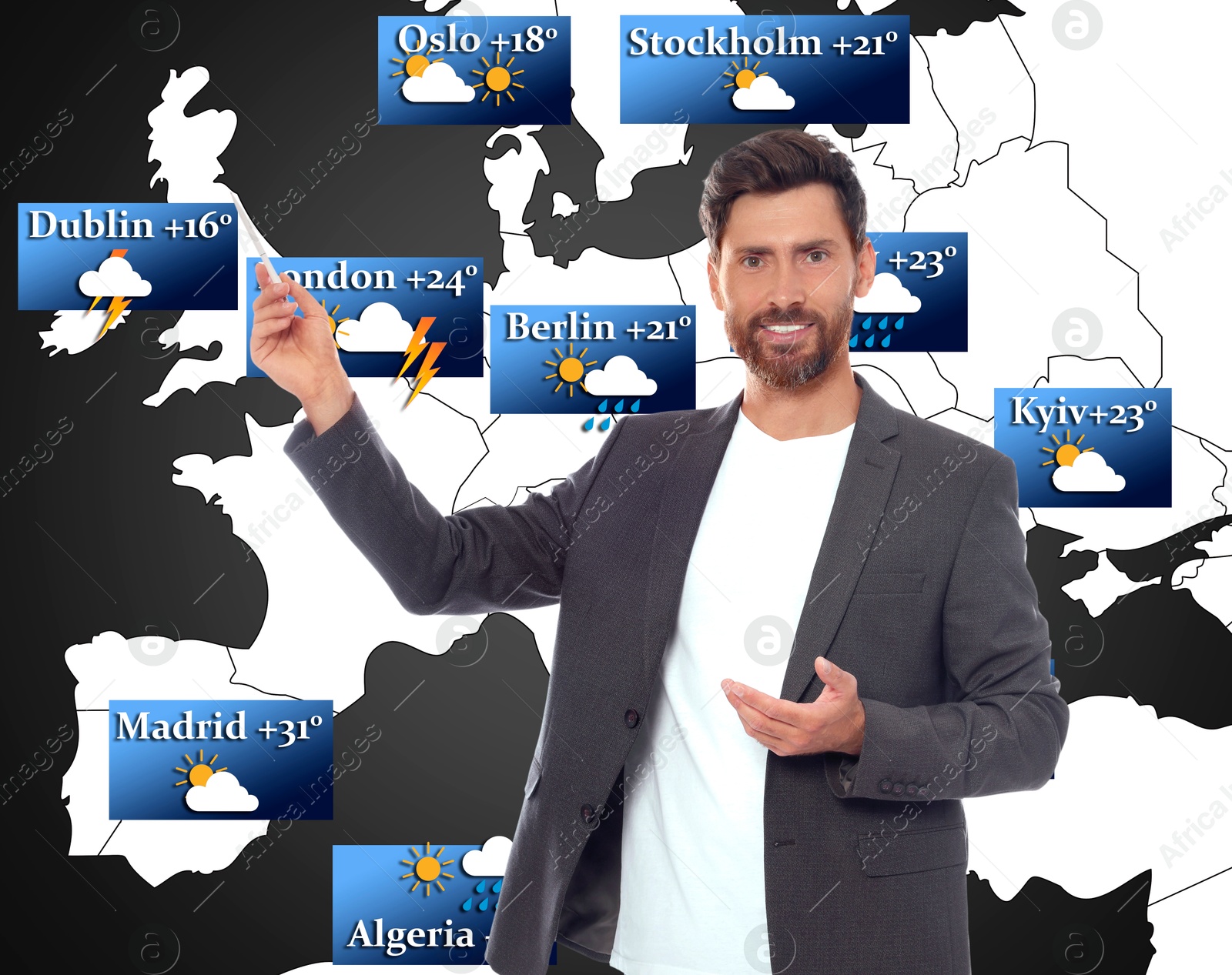 Image of Weather broadcaster presenting forecast against map of Europe