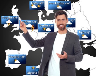 Weather broadcaster presenting forecast against map of Europe