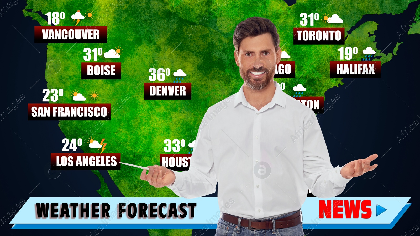 Image of Weather broadcaster presenting forecast against map of USA