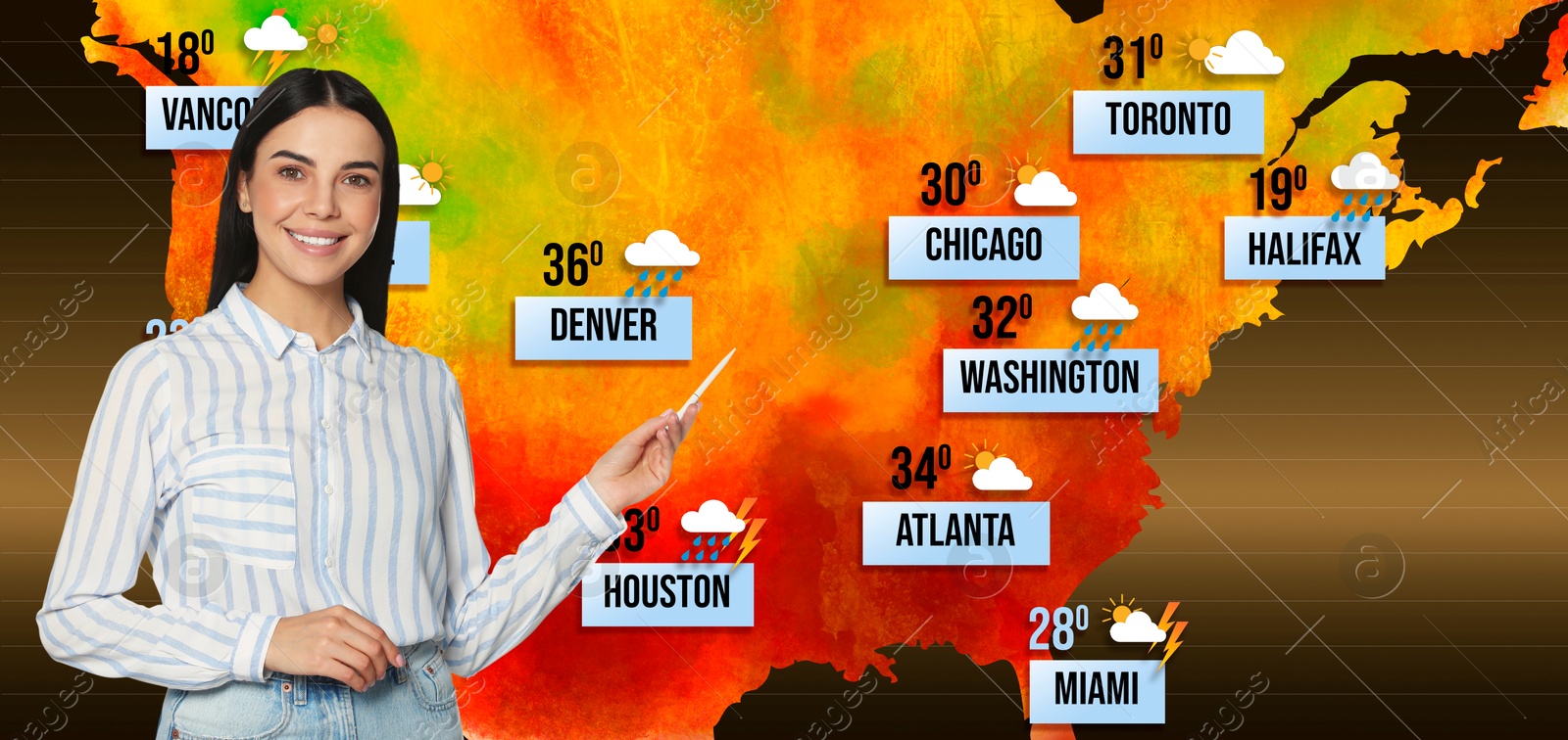 Image of Weather broadcaster presenting forecast against map of USA