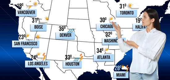 Image of Weather broadcaster presenting forecast against map of USA