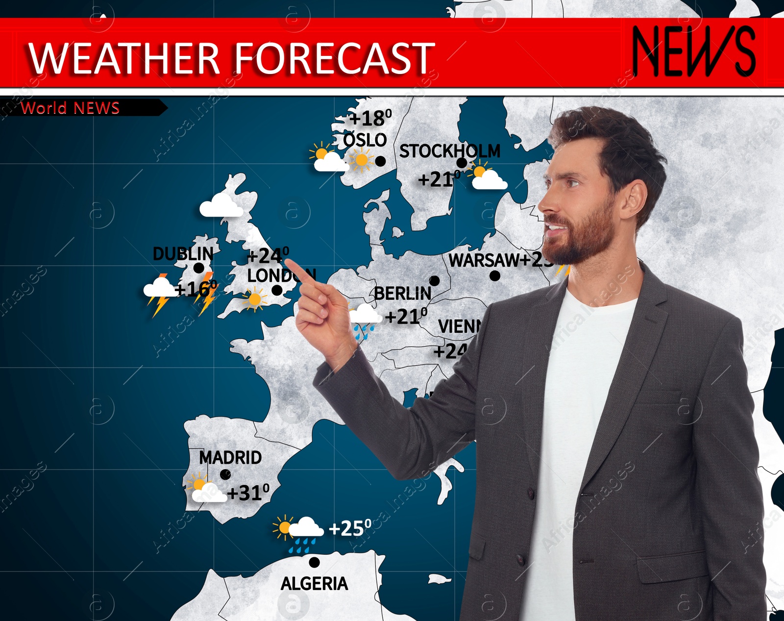 Image of Weather broadcaster presenting forecast against map of Europe