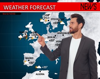 Weather broadcaster presenting forecast against map of Europe