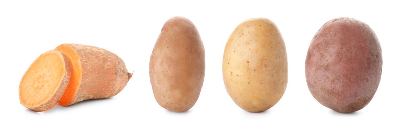 Image of Different types of potatoes isolated on white, collection