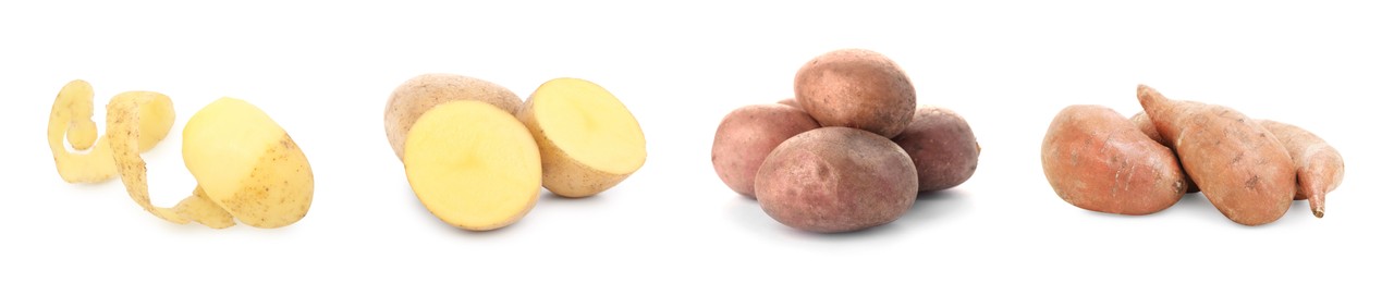 Image of Different types of potatoes isolated on white, collection