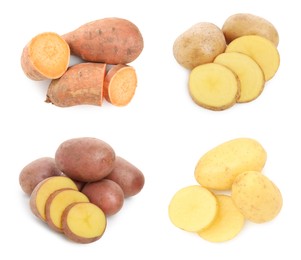 Image of Different types of potatoes isolated on white, collection