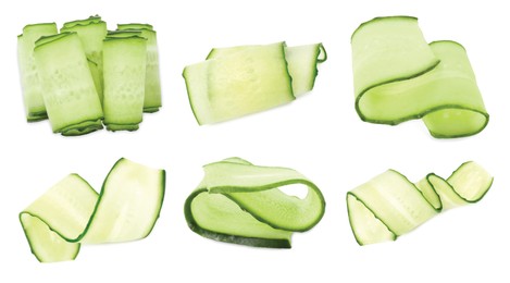 Image of Thinly sliced cucumbers isolated on white, collage