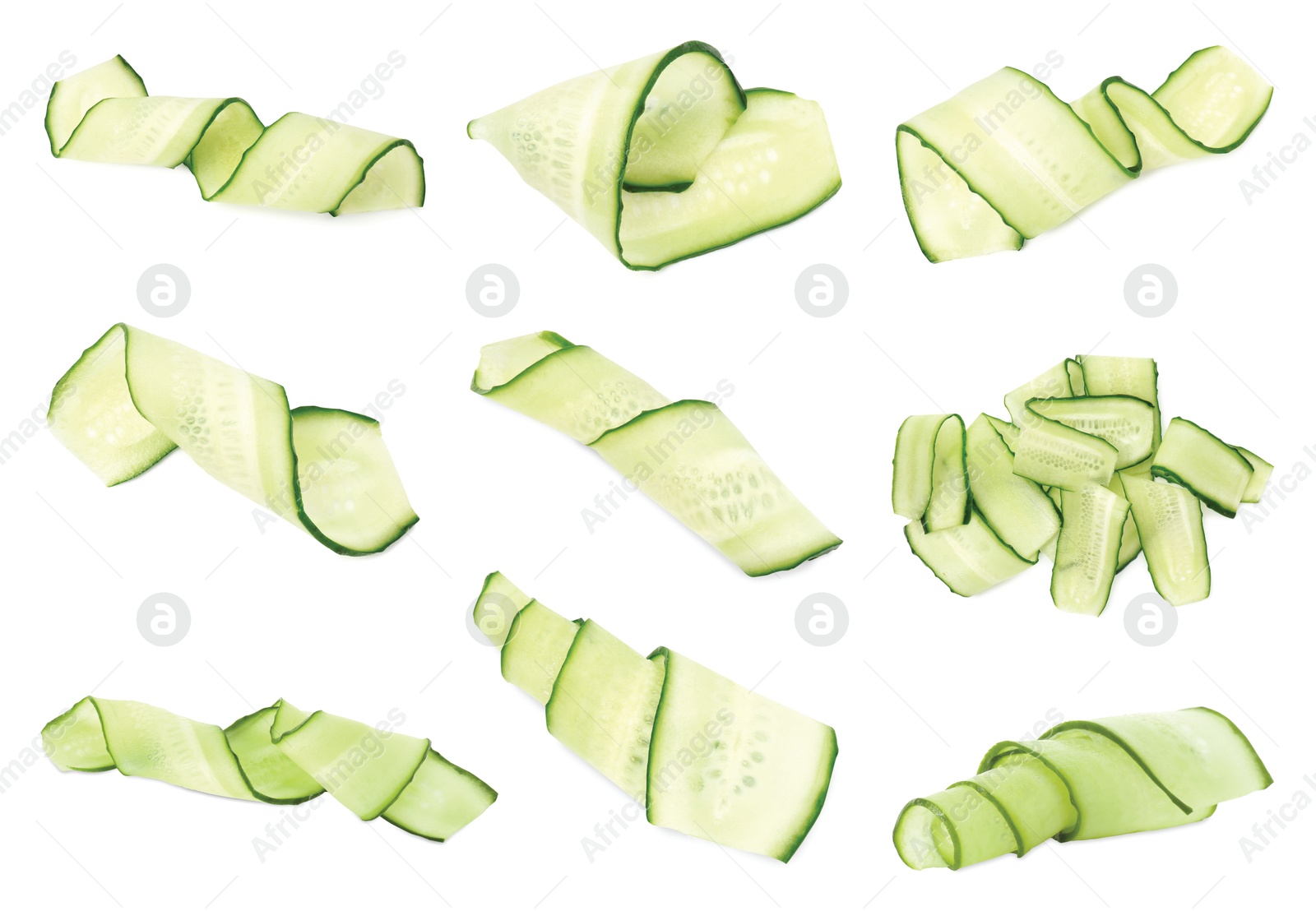 Image of Thinly sliced cucumbers isolated on white, collage