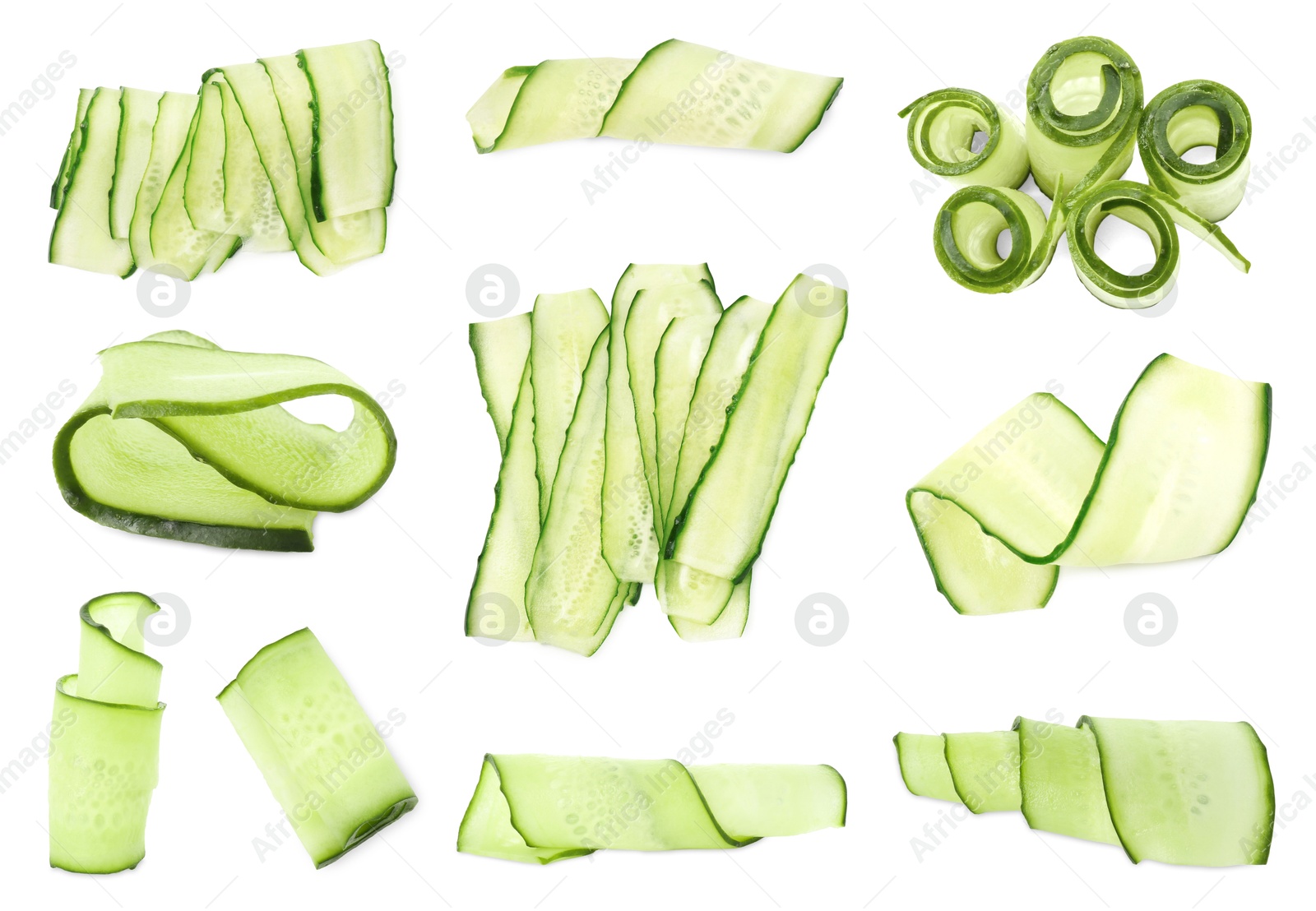 Image of Thinly sliced cucumbers isolated on white, collage