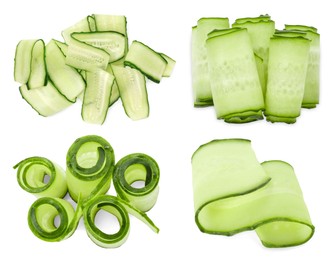 Image of Thinly sliced cucumbers isolated on white, collage