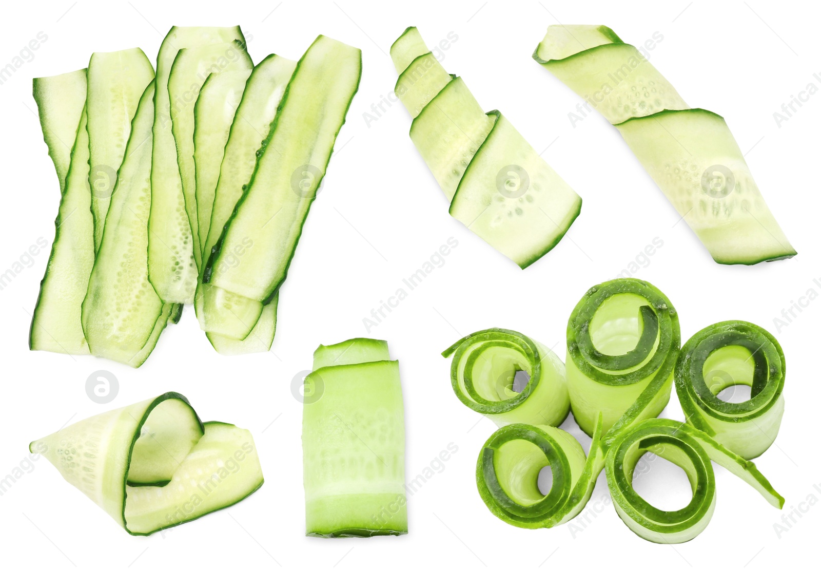 Image of Thinly sliced cucumbers isolated on white, collage