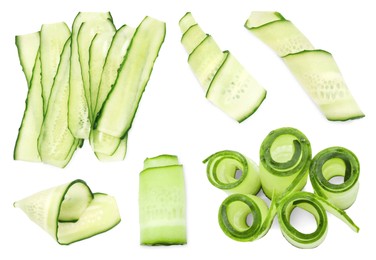 Image of Thinly sliced cucumbers isolated on white, collage