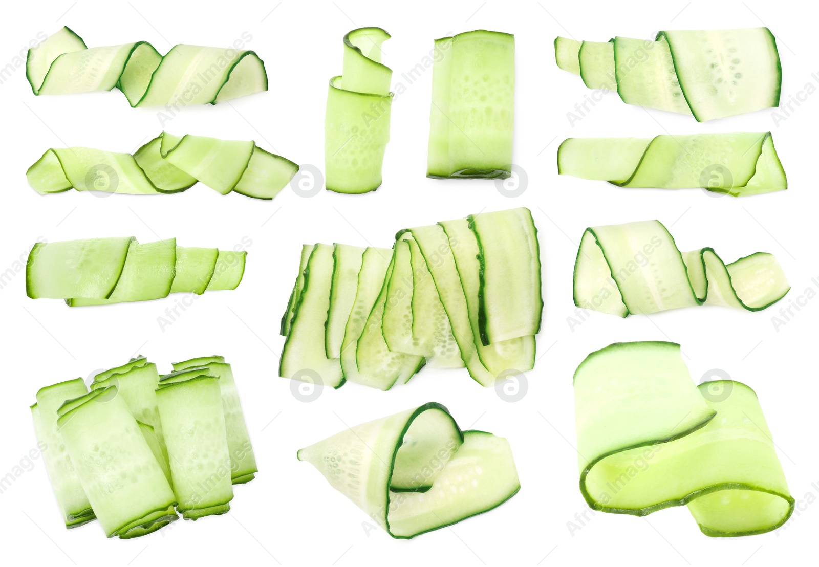 Image of Thinly sliced cucumbers isolated on white, collage