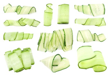 Image of Thinly sliced cucumbers isolated on white, collage