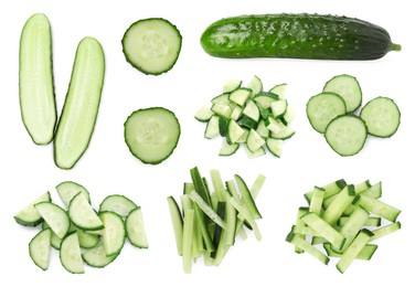 Image of Fresh cucumbers isolated on white, collage. Different types of cuts