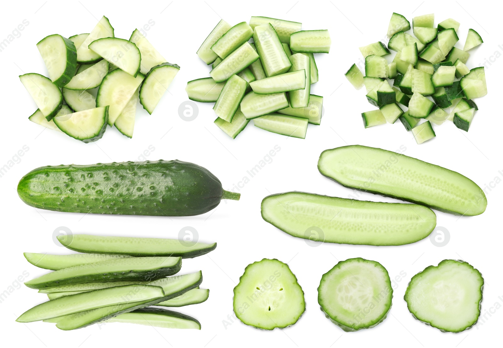 Image of Fresh cucumbers isolated on white, collage. Different types of cuts