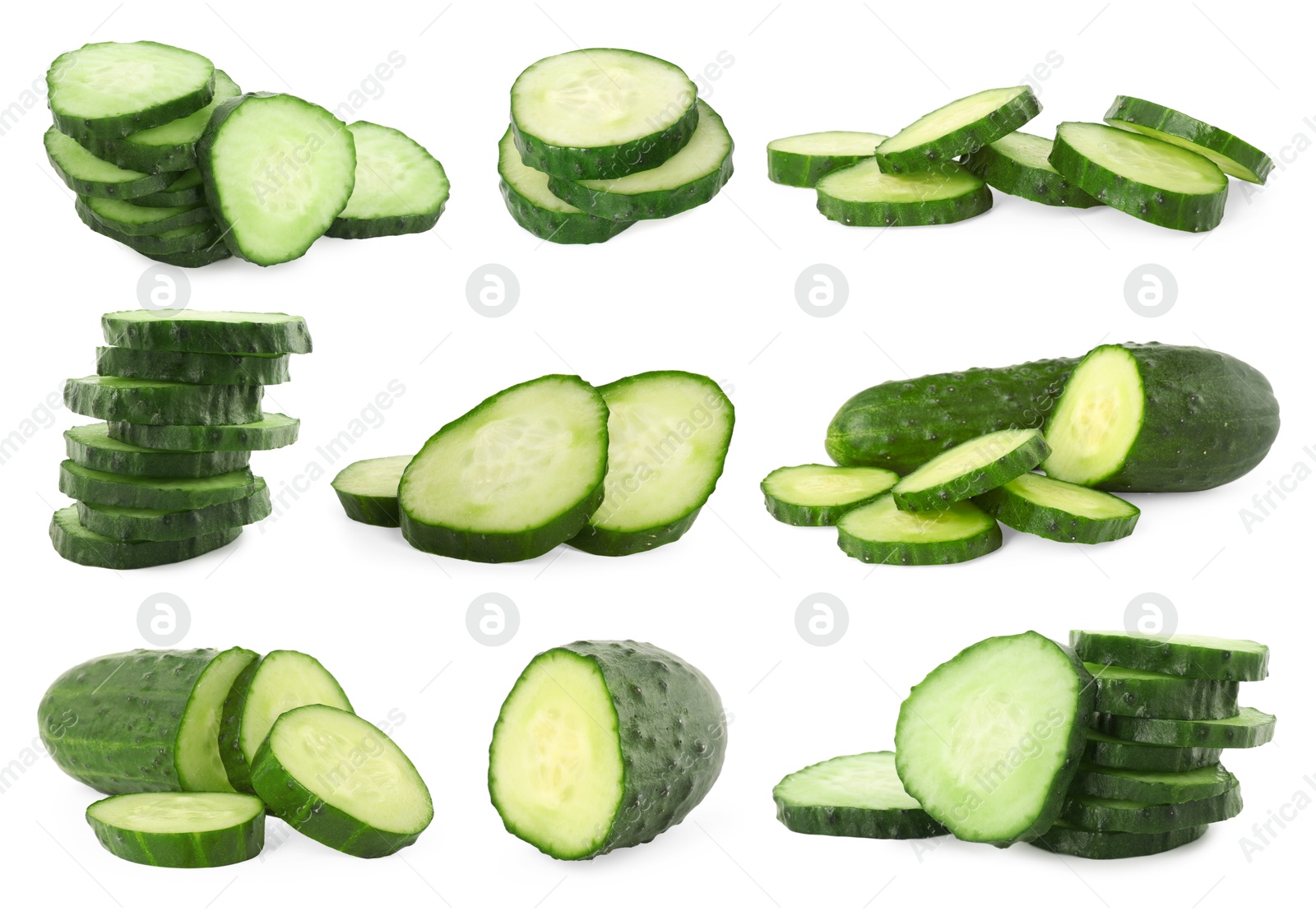 Image of Fresh cucumbers isolated on white, collage. Round slices