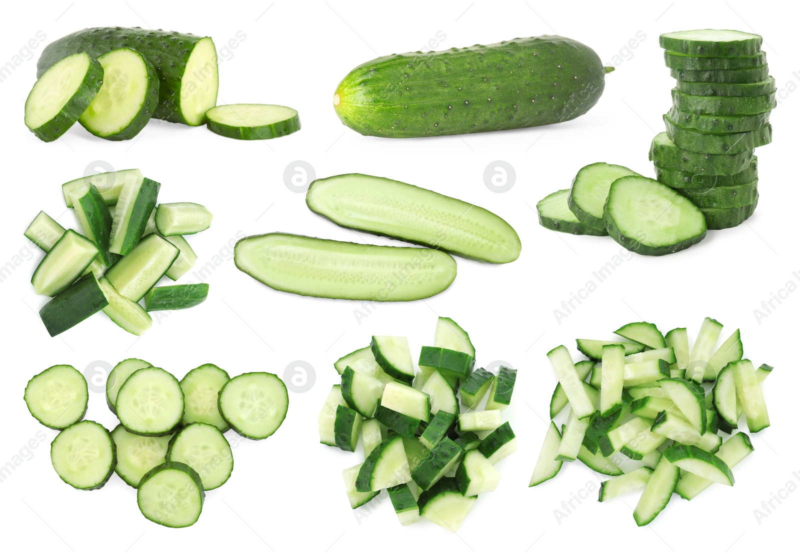 Image of Fresh cucumbers isolated on white, collage. Different types of cuts