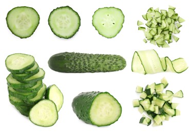 Image of Fresh cucumbers isolated on white, collage. Different types of cuts