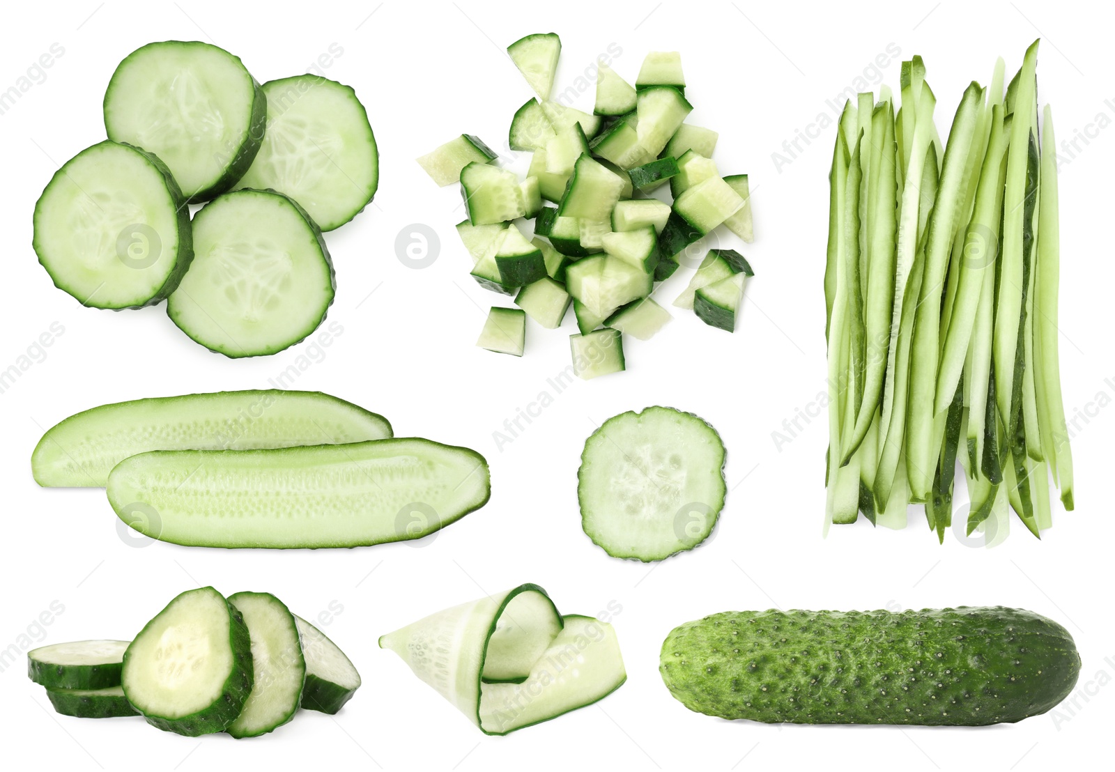 Image of Fresh cucumbers isolated on white, collage. Different types of cuts