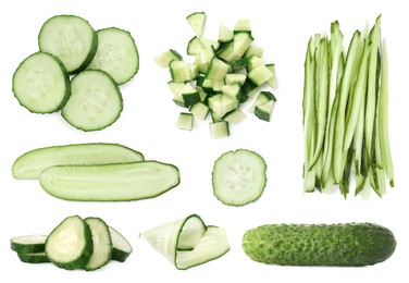 Fresh cucumbers isolated on white, collage. Different types of cuts