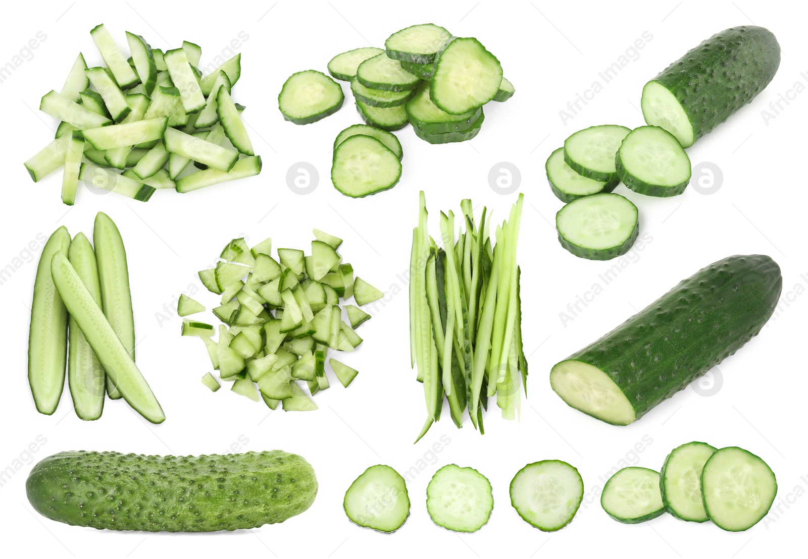 Image of Fresh cucumbers isolated on white, collage. Different types of cuts