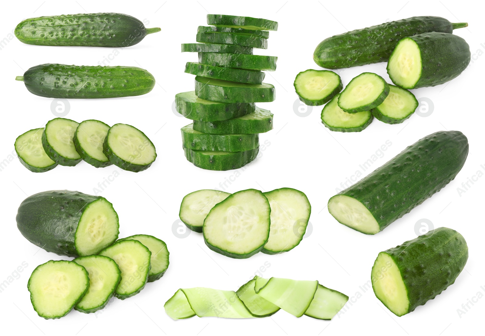 Image of Fresh cucumbers isolated on white, collage. Round slices