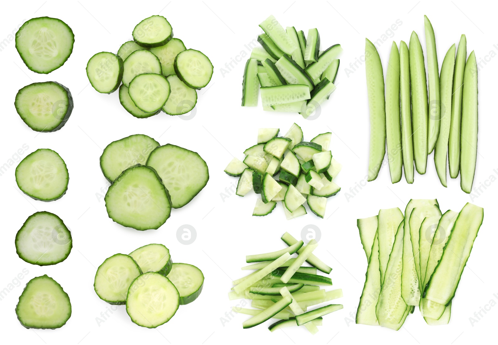 Image of Fresh cucumbers isolated on white, collage. Different types of cuts