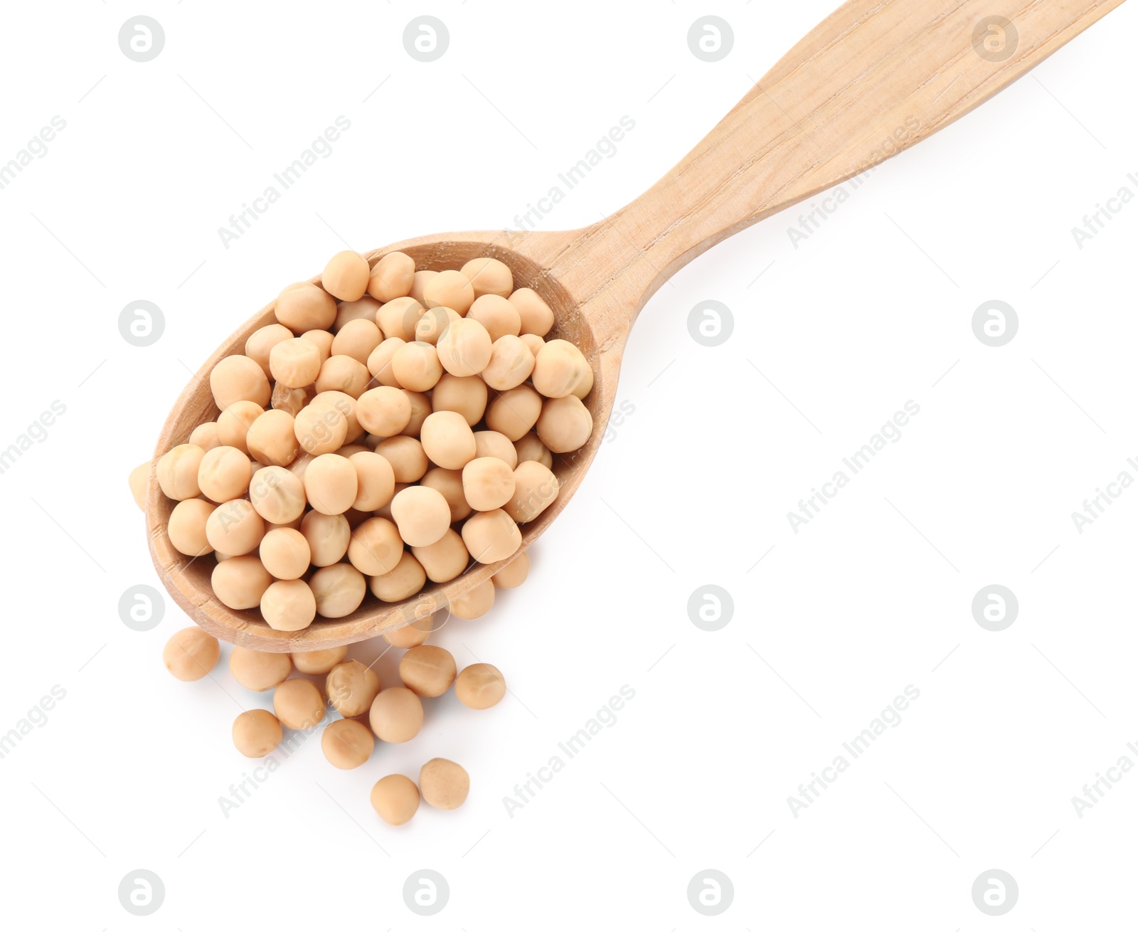 Photo of Spoon with dried peas isolated on white, top view