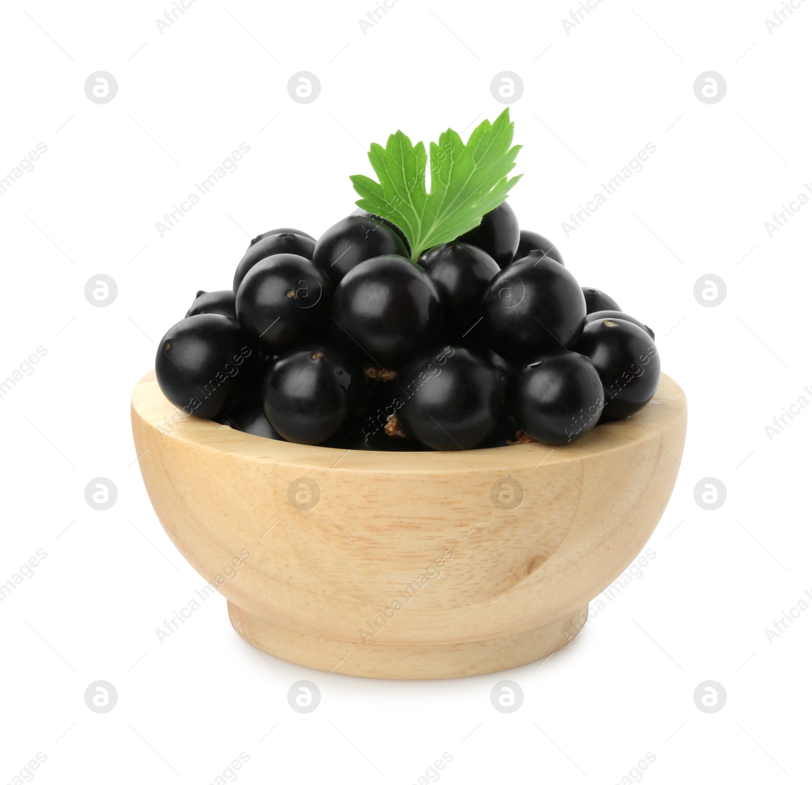 Photo of Fresh ripe black currant berries with leaf isolated on white