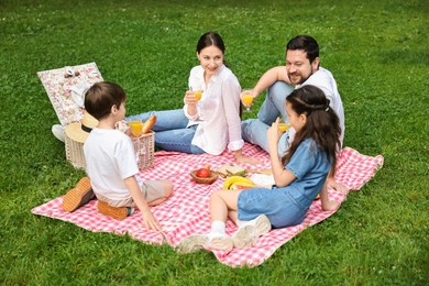 Photo of Family picnic. Happy parents and their children drinking juice on green grass outdoors