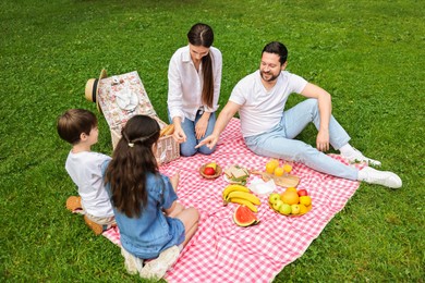 Happy family playing rock, paper and scissors during picnic in park