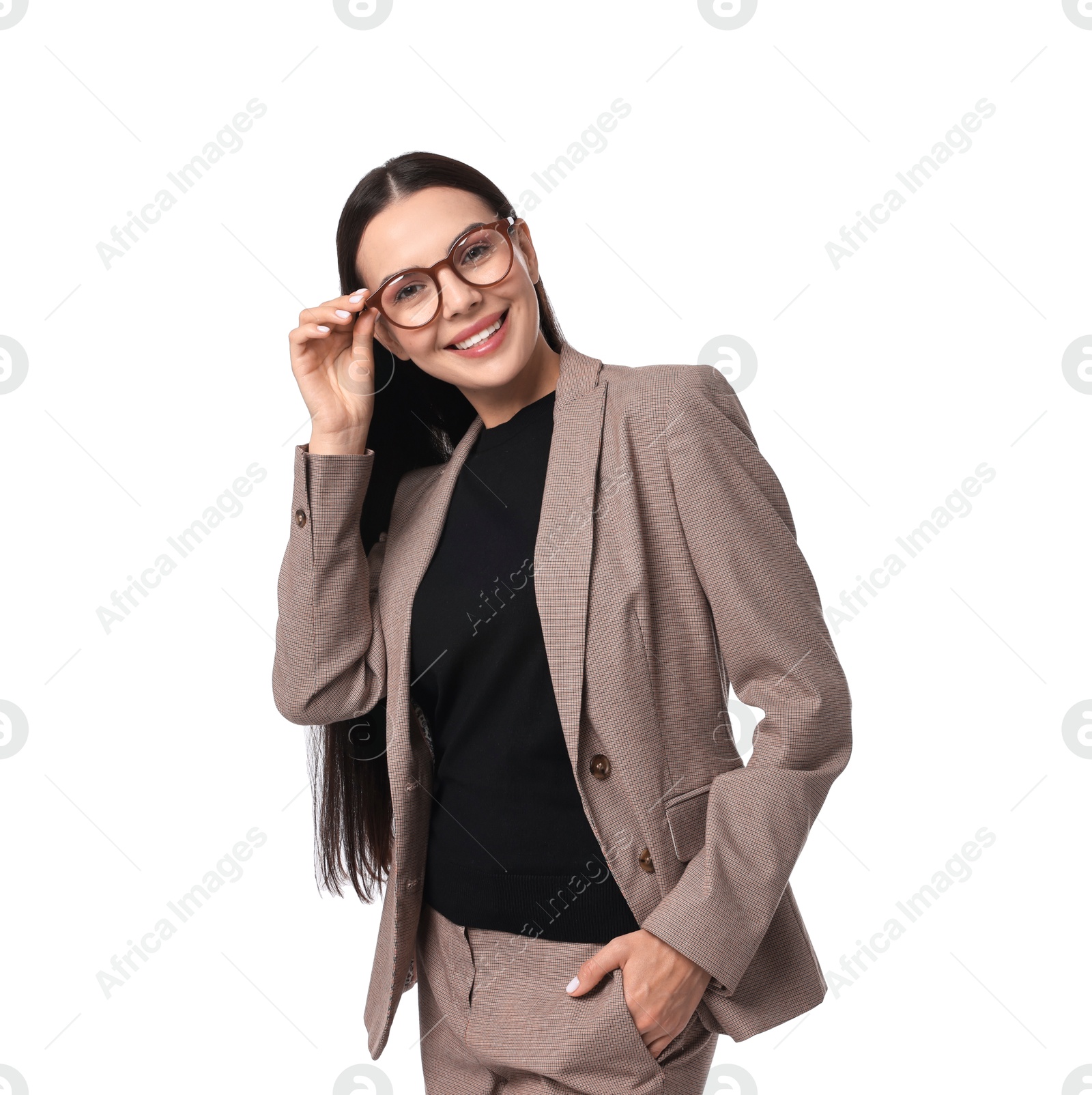 Photo of Beautiful woman in beige suit and glasses on white background