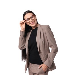 Beautiful woman in beige suit and glasses on white background