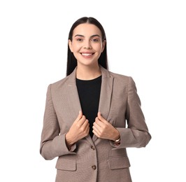 Beautiful woman in beige suit on white background