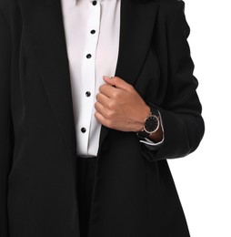 Photo of Woman in black suit isolated on white, closeup