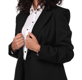 Woman in black suit isolated on white, closeup