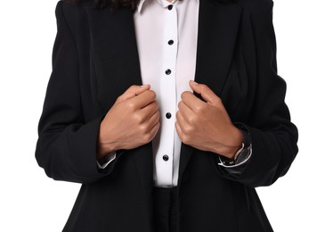 Photo of Woman in black suit isolated on white, closeup