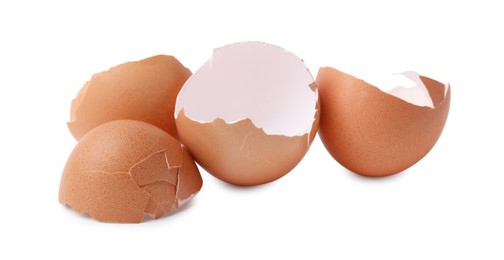 Photo of Pieces of broken eggshells isolated on white