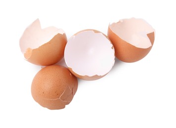 Photo of Pieces of broken eggshells isolated on white, above view