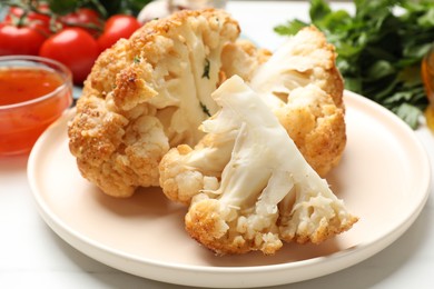 Photo of Delicious baked cauliflower on white table, closeup