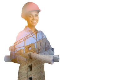 Image of Engineer and unfinished building on white background, double exposure